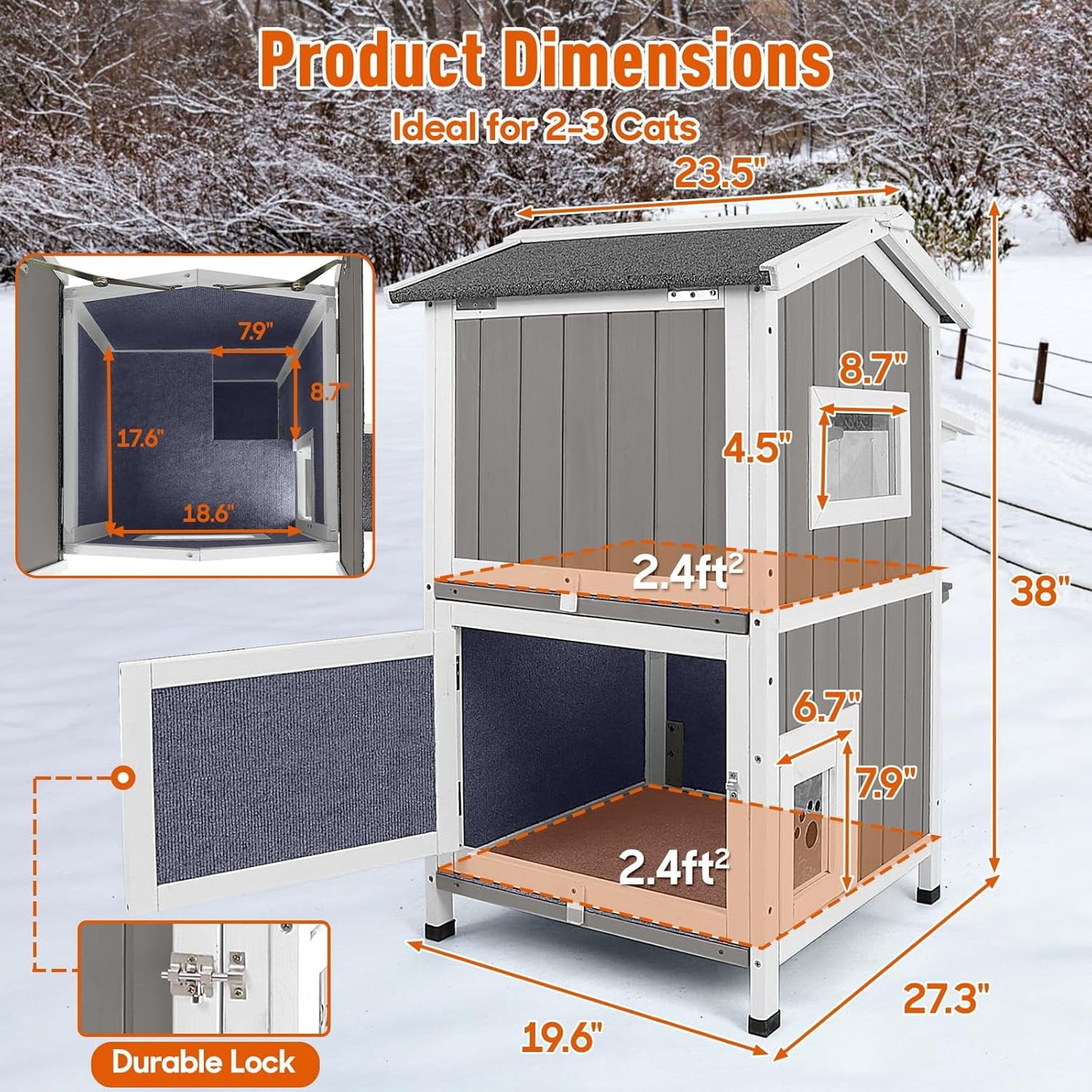 Petsblublu Insulated Outdoor Cat House 2 Story Weatherproof Elevated Outside Cat Shelter, Gray