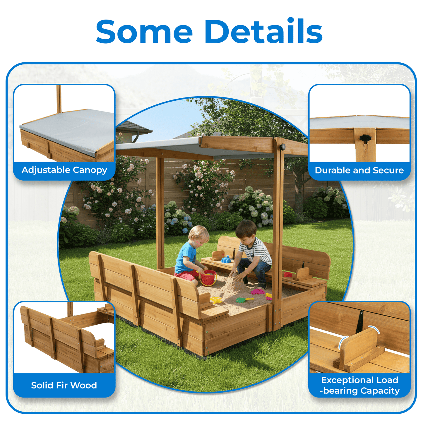 Sandbox with  UV-Resistant Canopy, Foldable Bench Seats and Liner for Kids, Solid Wood, 47x47in