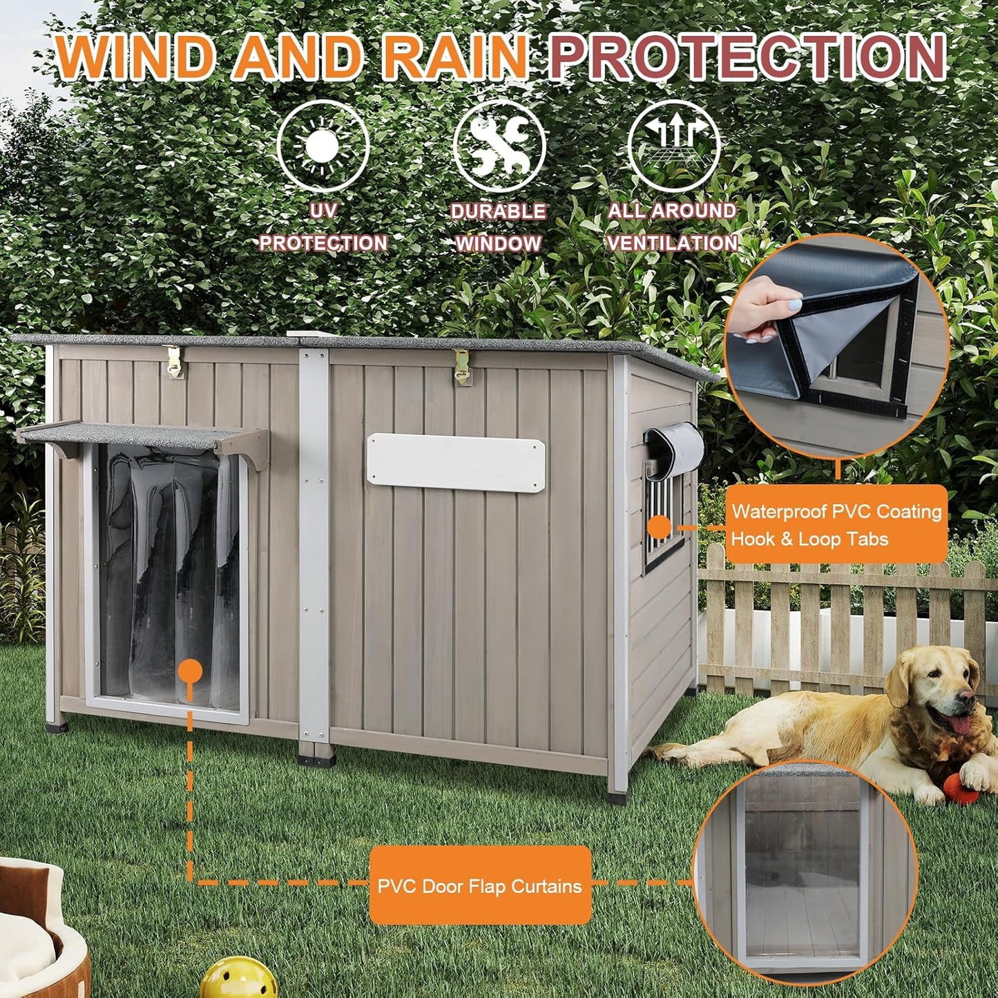 Petsblublu 50 L Large Wooden Outdoor Dog House Weatherproof Dog Kennel with Anti-Chewing Iron Frame