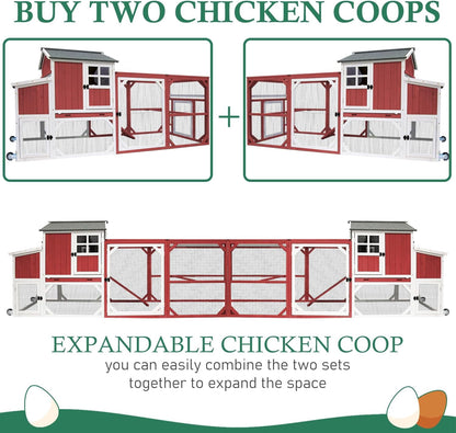 Petsblublu 95.3 L Outdoor Large Chicken Coop with Run, Chicken Tractor Hen House with 3 Nesting Boxes, Red