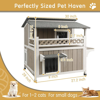 Petsblublu Outdoor Cat House 2 Story Wooden Cat Feral with Balcony Waterproof, Escape Doors