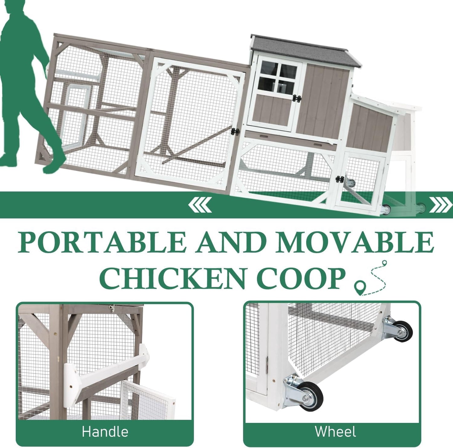 Petsblublu 95.3 L Outdoor Large Chicken Coop with Run, Chicken Tractor Hen House with 3 Nesting Boxes, Gray