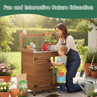 Petsblublu Potting Bench Table Work Bench with Storage Cabinet Outdoor Wooden Garden,Brown