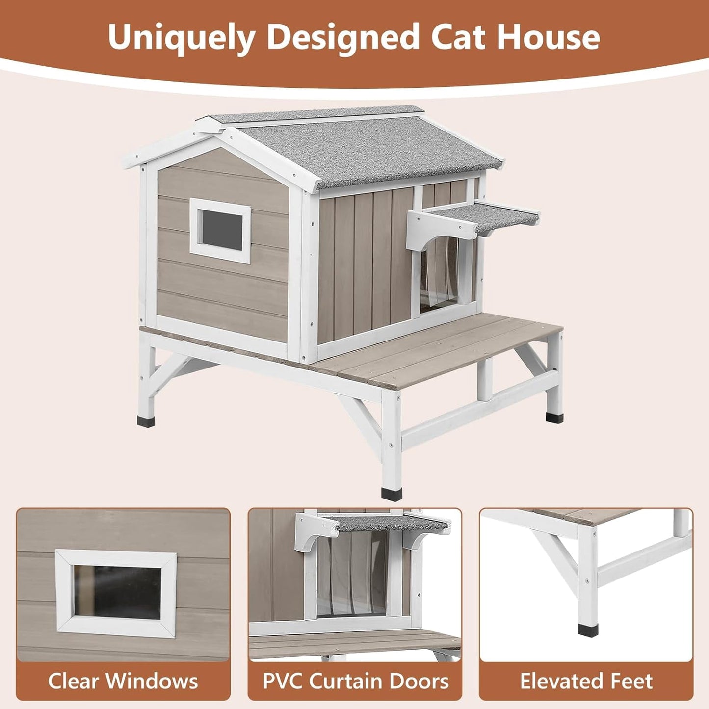 Petsblublu Outdoor Small Cat House Wooden Indoor Feral Cats Shelter with Balcony