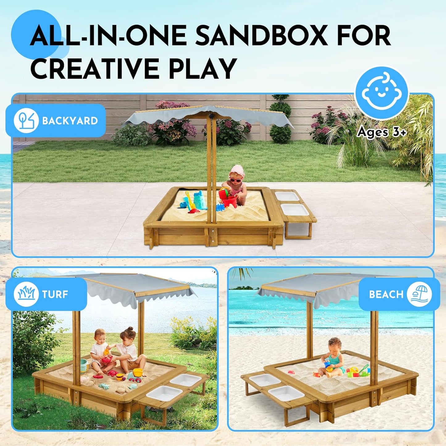 Petsblublu Outdoor Wooden Sandbox with Adjustable Canopy&Two Toy Basins for Beach