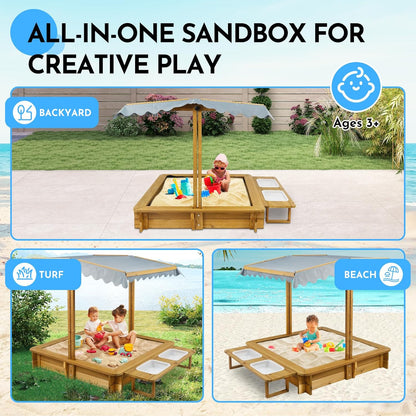 Petsblublu Outdoor Wooden Sandbox with Adjustable Canopy&Two Toy Basins for Beach