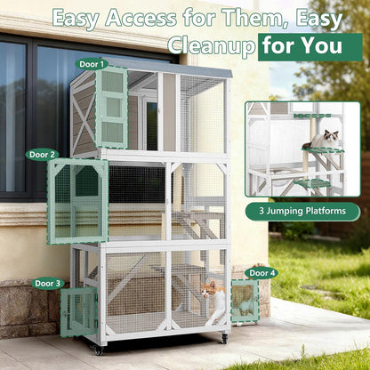 Petsblublu Outdoor Cat Enclosure with Wheels, Window Catio Large Cat House with 3 Platforms