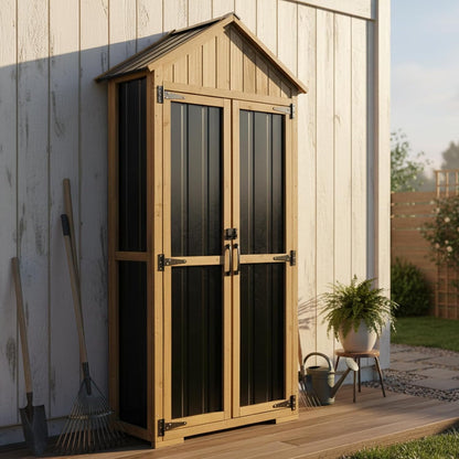 Petsblublu Outdoor Storage Cabinet with Shelf, Wood & Metal Shed for Patio Backyard, Garden Shed Tool Shed and Accessories, Brown