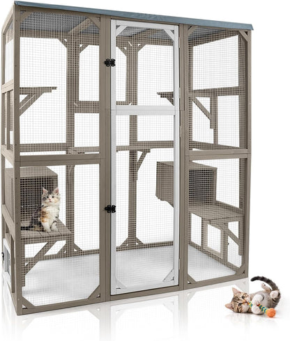 Petsblublu Large Outdoor Cat Catio Enclosures, Wooden Catio Window Cat Patio for Cats Feral with 5 Platforms