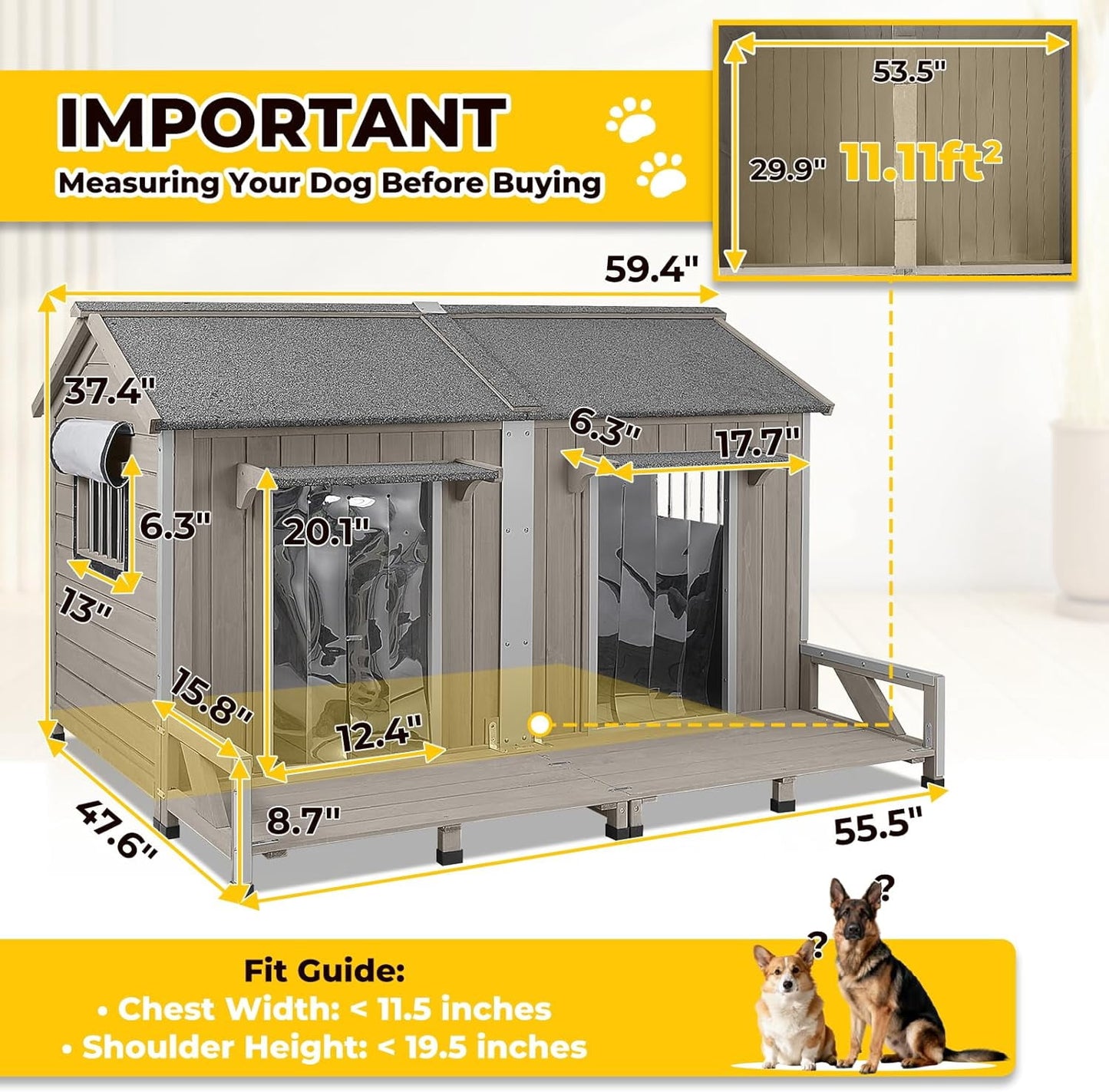 Petsblublu 59L Wooden Outdoor Large Dog House for 2 Dogs with Large Balcony