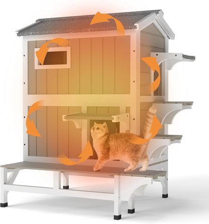 Petsblublu Insulated Outdoor Two-Story Cat House with Jumping Platforms, Gray