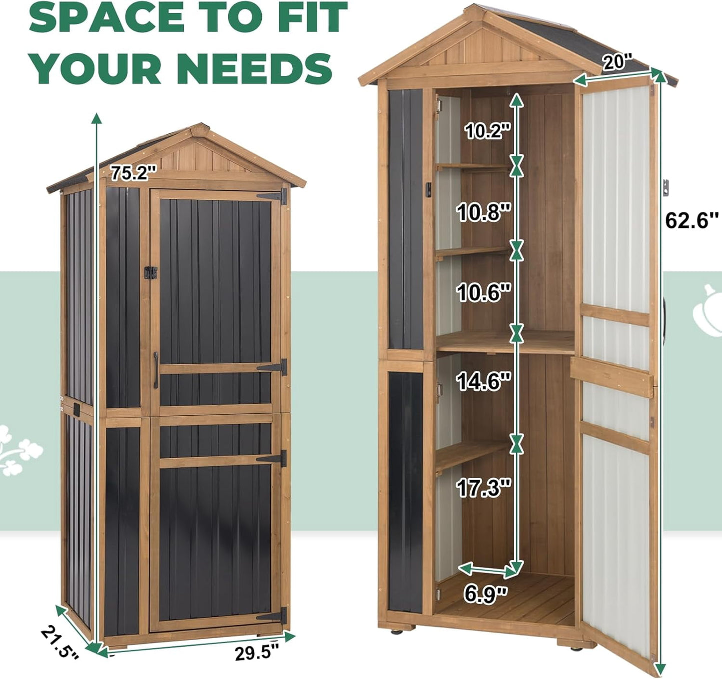 Petsblublu Large Outdoor Storage Cabinet with 4 Shelves, Wood Outdoor Storage Shed with Weatherproof Roof