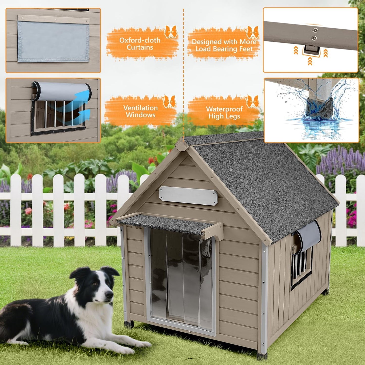 Petsblublu Large Dog House Outdoor Wooden Dog Kennel with Chew-Proof Iron Frame, 30.5 D*37.4 W*39.3 H