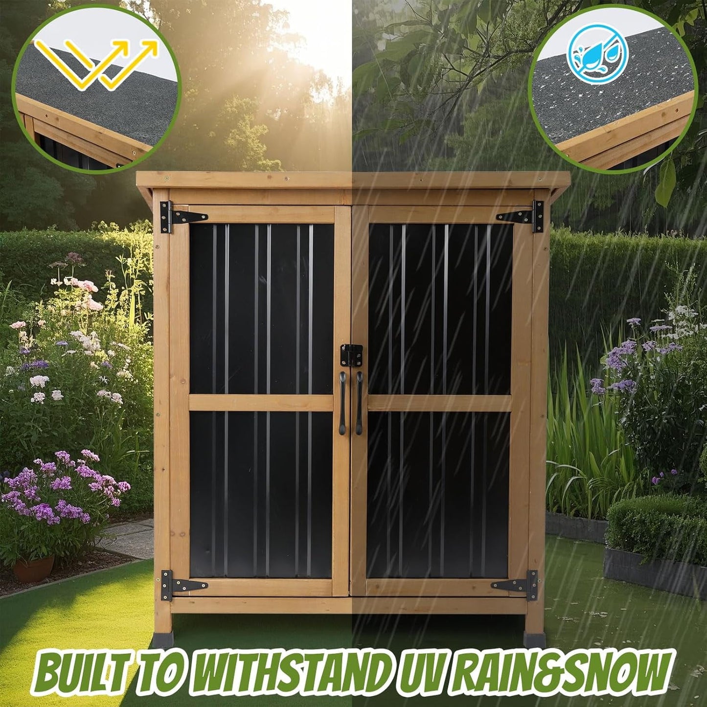 Petsblublu Small Outdoor Storage Cabinet Waterproof, Wood & Metal Garden Storage Shed, with Lockable Doors & Adjustable Shelves，Brown