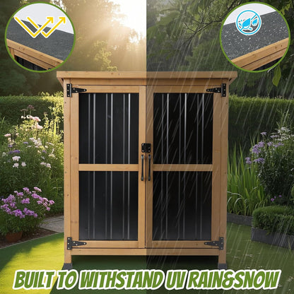 Petsblublu Small Outdoor Storage Cabinet Waterproof, Wood & Metal Garden Storage Shed, with Lockable Doors & Adjustable Shelves，Brown