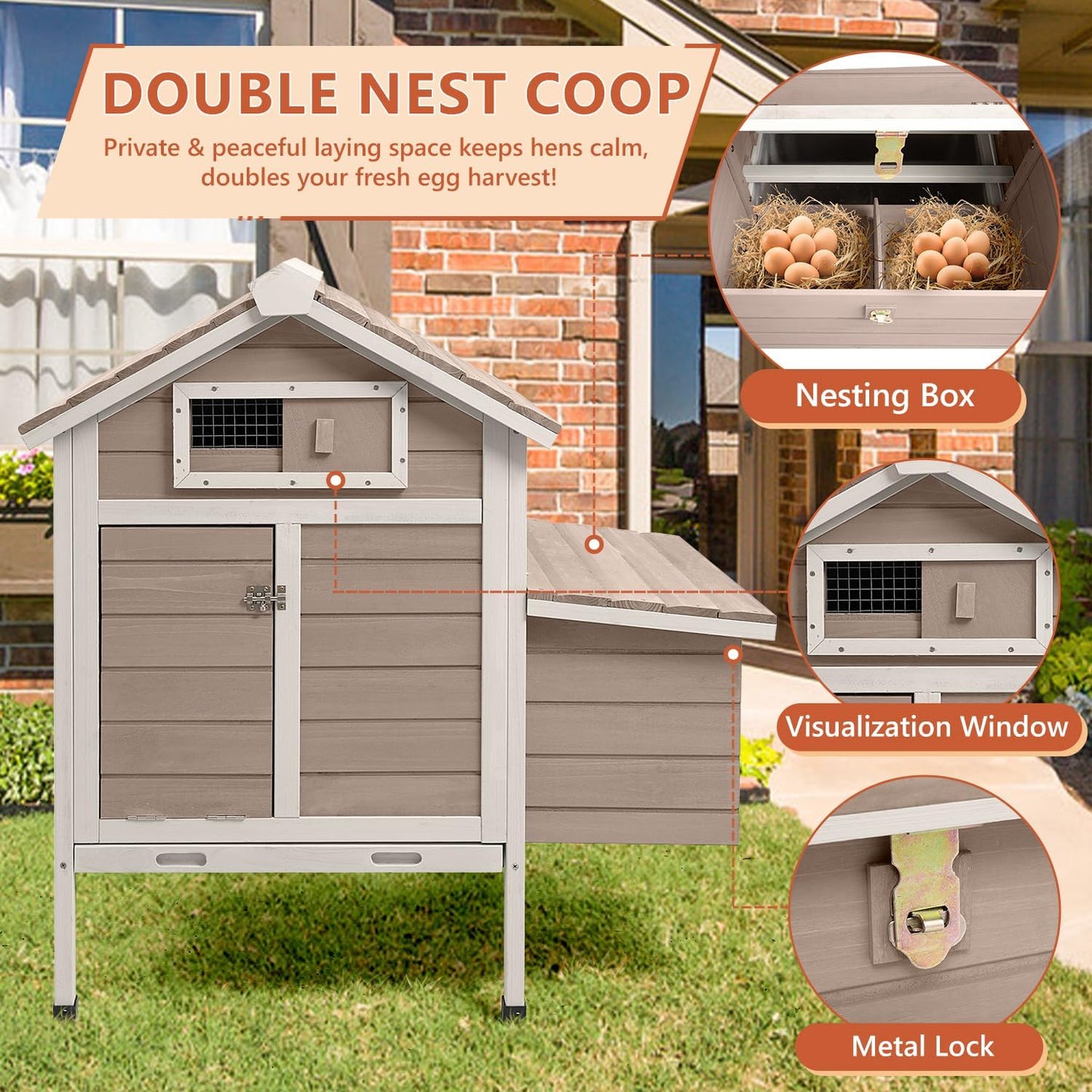 Petsblublu Wooden Small Chicken Coop Outdoor Hen House with 2 Nesting Box, 36.2 L x 26 W x 38.3 H