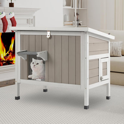 Petsblublu Insulated Outdoor Wooden Cat House Feral Cats Shelter for Winter, 30.7x21.6x25.6