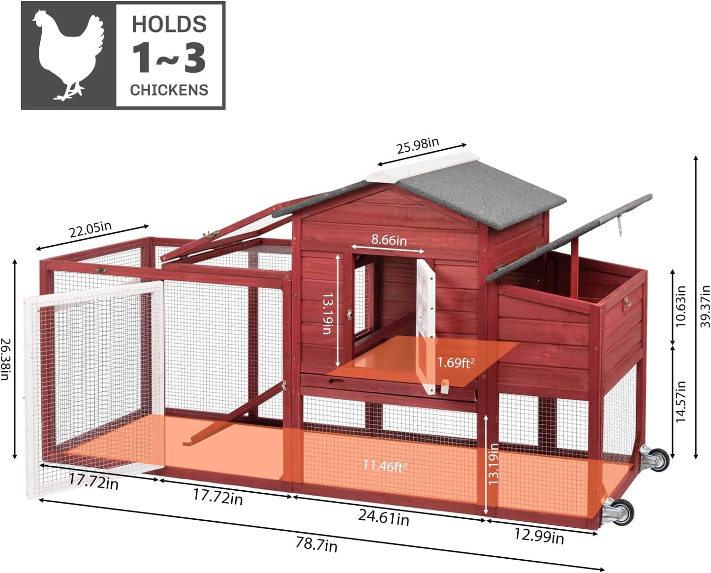 Petsblublu 79 L Chicken Coop with Run Outdoor Indoor Mobile Hen House with Nesting Boxes, Wheels, Red