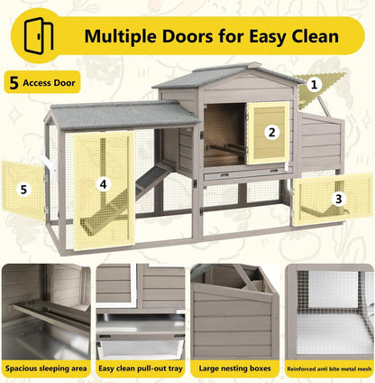 Petsblublu Chicken Coop with Nesting Box, Outdoor Poultry Cage for Backyard, Indoor Hen House with Removable Trays, Gray