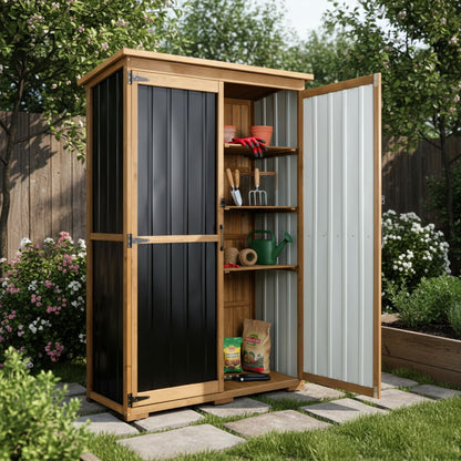 Petsblublu Outdoor Storage Shed with Adjustable Shelf, Wood & Metal Storage Cabinet Waterproof,Vertical Garden Shed for Patio Backyard