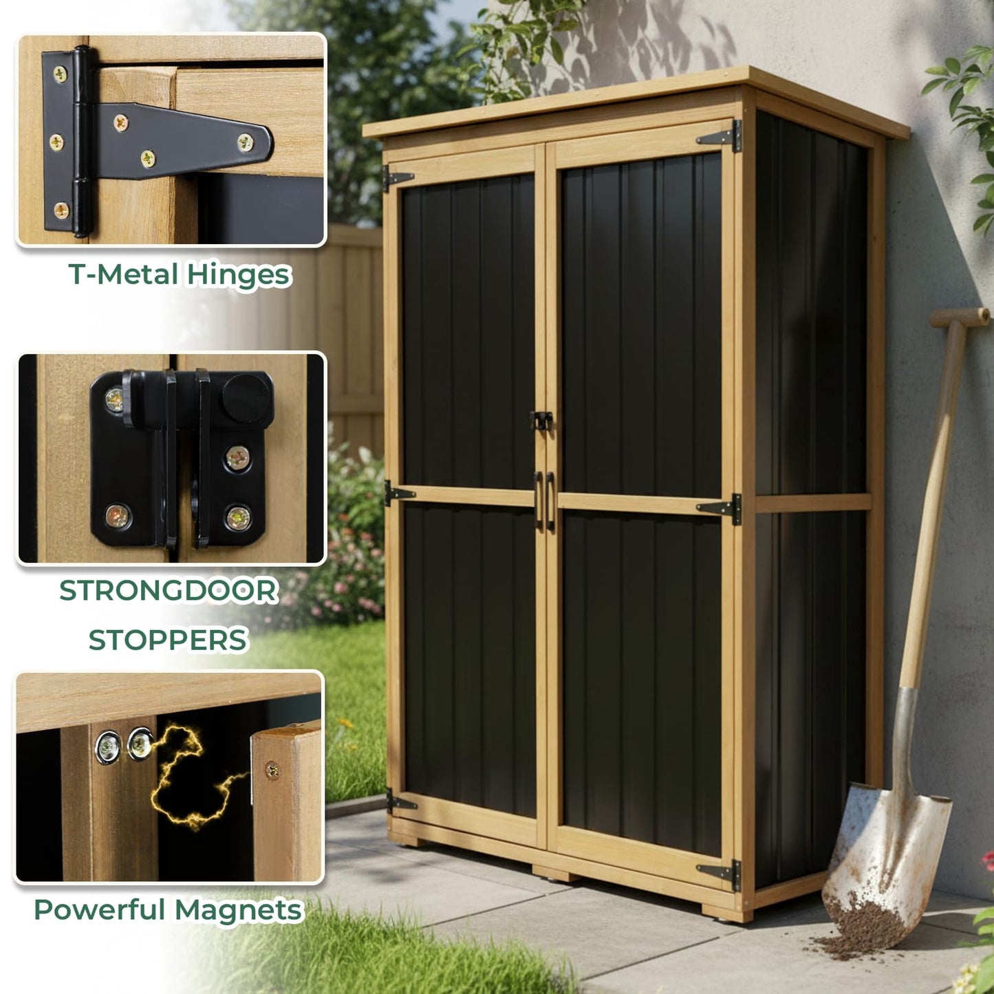Petsblublu Outdoor Storage Shed with Adjustable Shelf, Wood & Metal Storage Cabinet Waterproof,Vertical Garden Shed for Patio Backyard