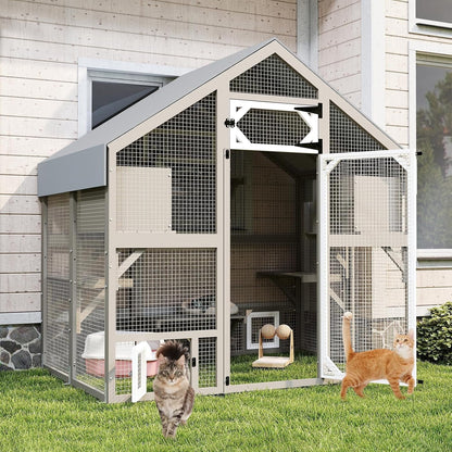 Petsblublu 71 H Cat Catio Outdoor Cat Enclosure Large Cat House with 2 Condos, 6 Platforms