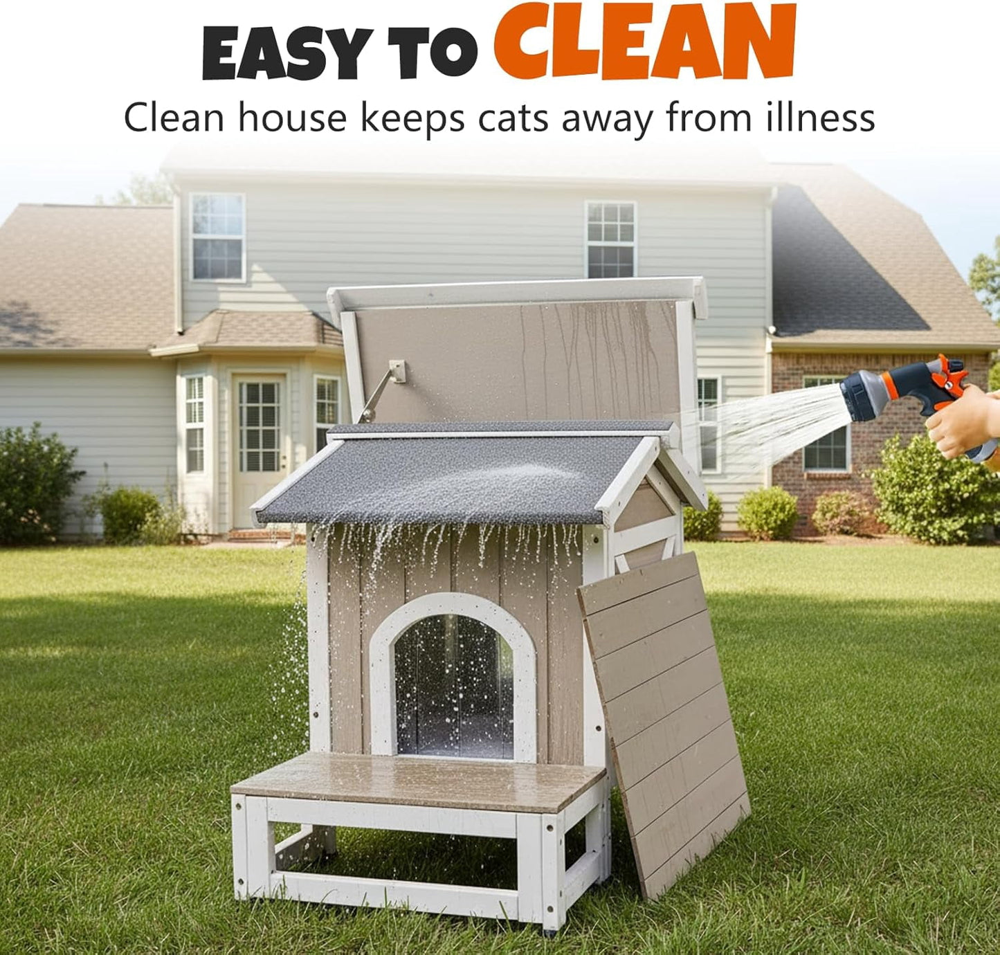 Petsblublu Small Insulated Outdoor Cat House with Openable Roof Indoor Pet Feral Cats Shelter for Winter, Gray