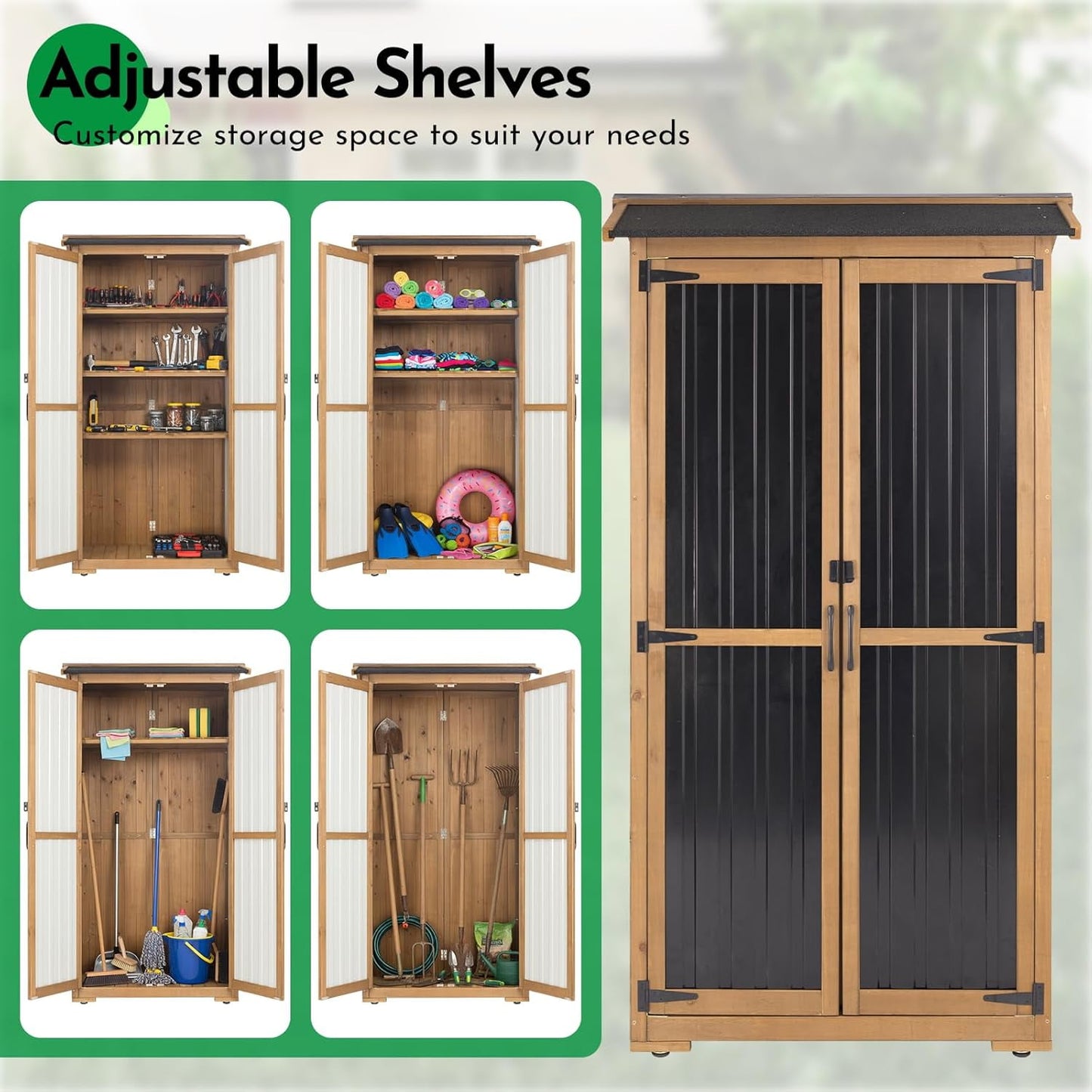 Petsblublu Large Outdoor Storage Cabinet Garden Tool Shed,Wood Outdoor Storage Shed with Three Adjustable Shelves