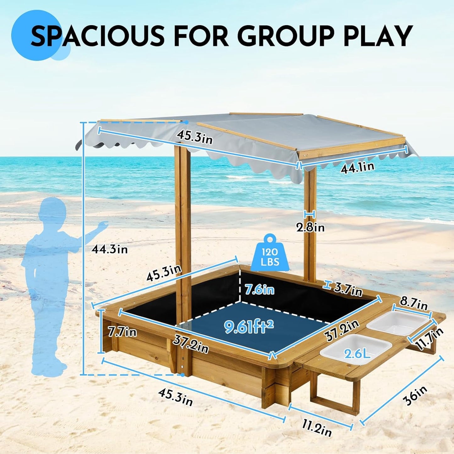 Petsblublu Outdoor Wooden Sandbox with Adjustable Canopy&Two Toy Basins for Beach