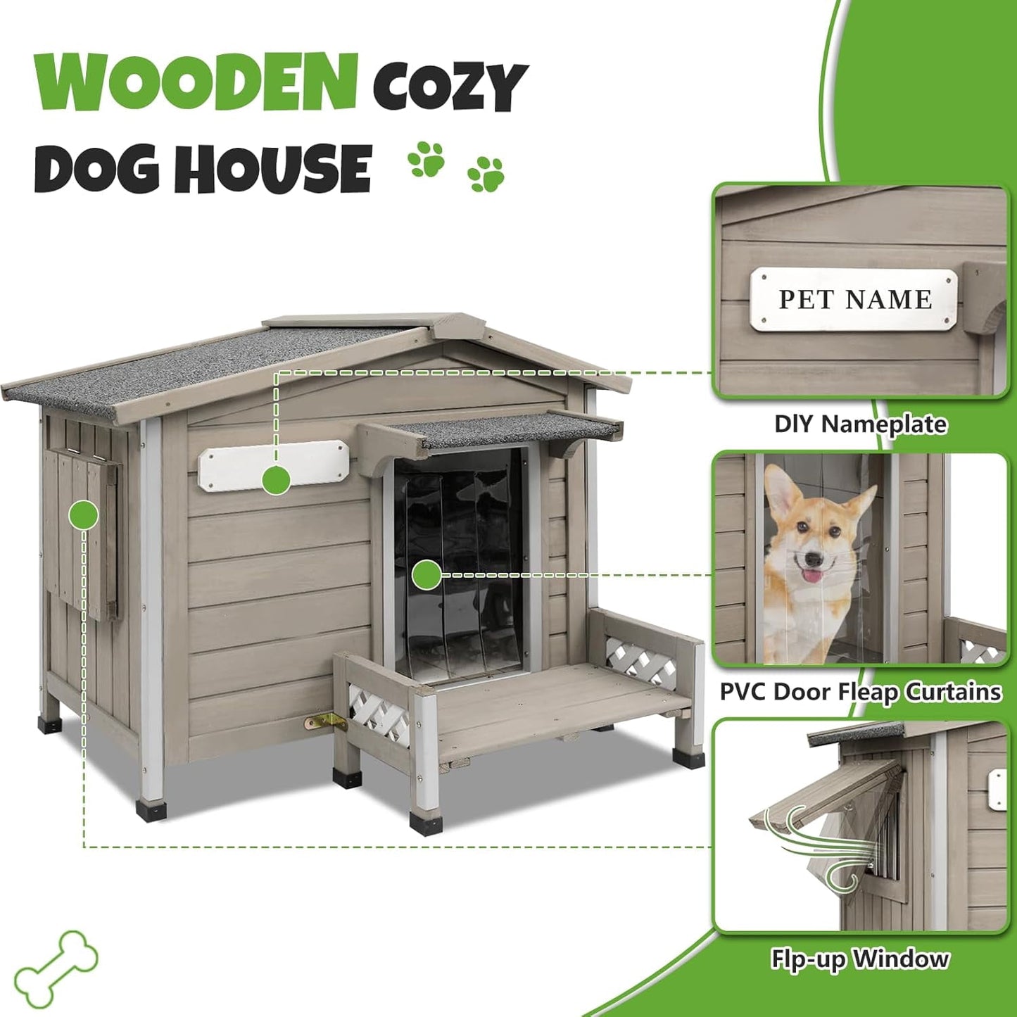 Petsblublu Large Wooden Outdoor Dog House with Porch，34 D x 22 W x 26.5 H