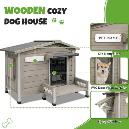 Petsblublu Large Wooden Outdoor Dog House with Porch，34 D x 22 W x 26.5 H
