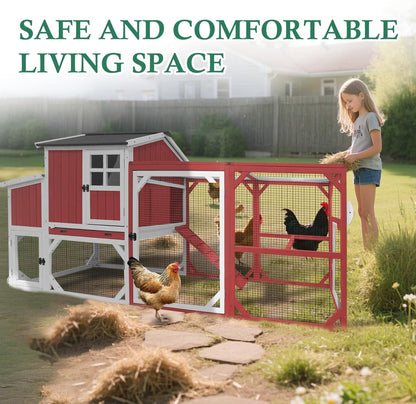 Petsblublu 95.3 L Outdoor Large Chicken Coop with Run, Chicken Tractor Hen House with 3 Nesting Boxes, Red