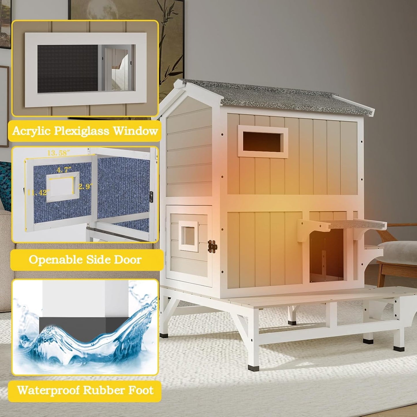 Petsblublu Insulated Outdoor Two-Story Cat House with Jumping Platforms, Gray