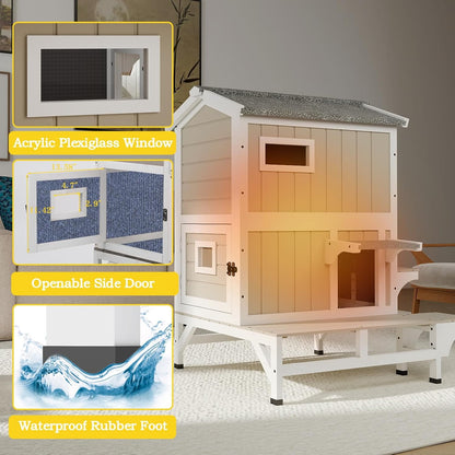 Petsblublu Insulated Outdoor Two-Story Cat House with Jumping Platforms, Gray