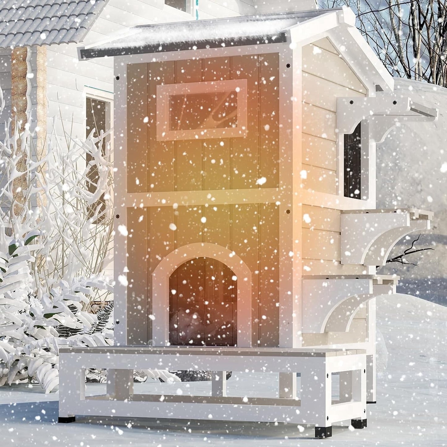 Petsblublu Insulated 2-Story Cat House with Jumping Platforms and Balcony, Gray