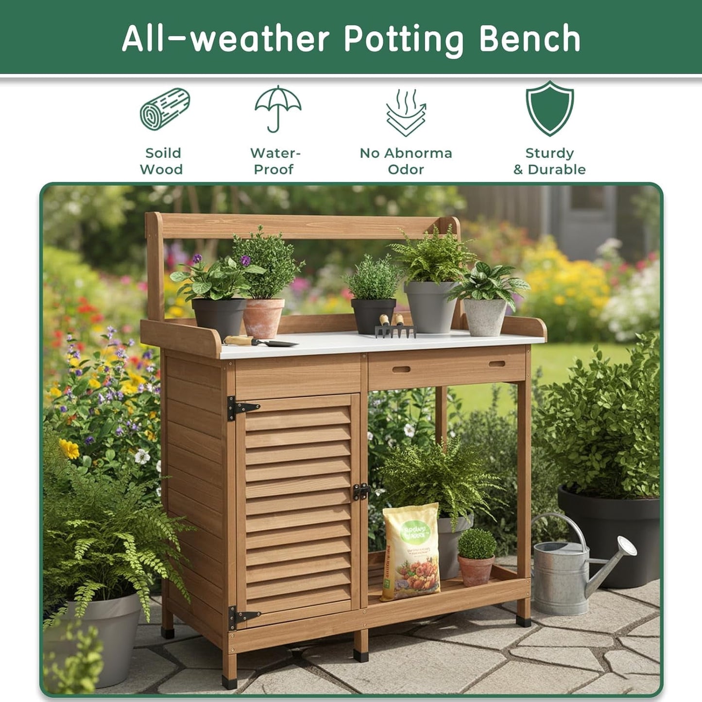 Petsblublu Potting Bench Table Work Bench with Storage Cabinet Outdoor Wooden Garden,Brown