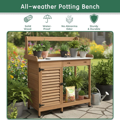 Petsblublu Potting Bench Table Work Bench with Storage Cabinet Outdoor Wooden Garden,Brown