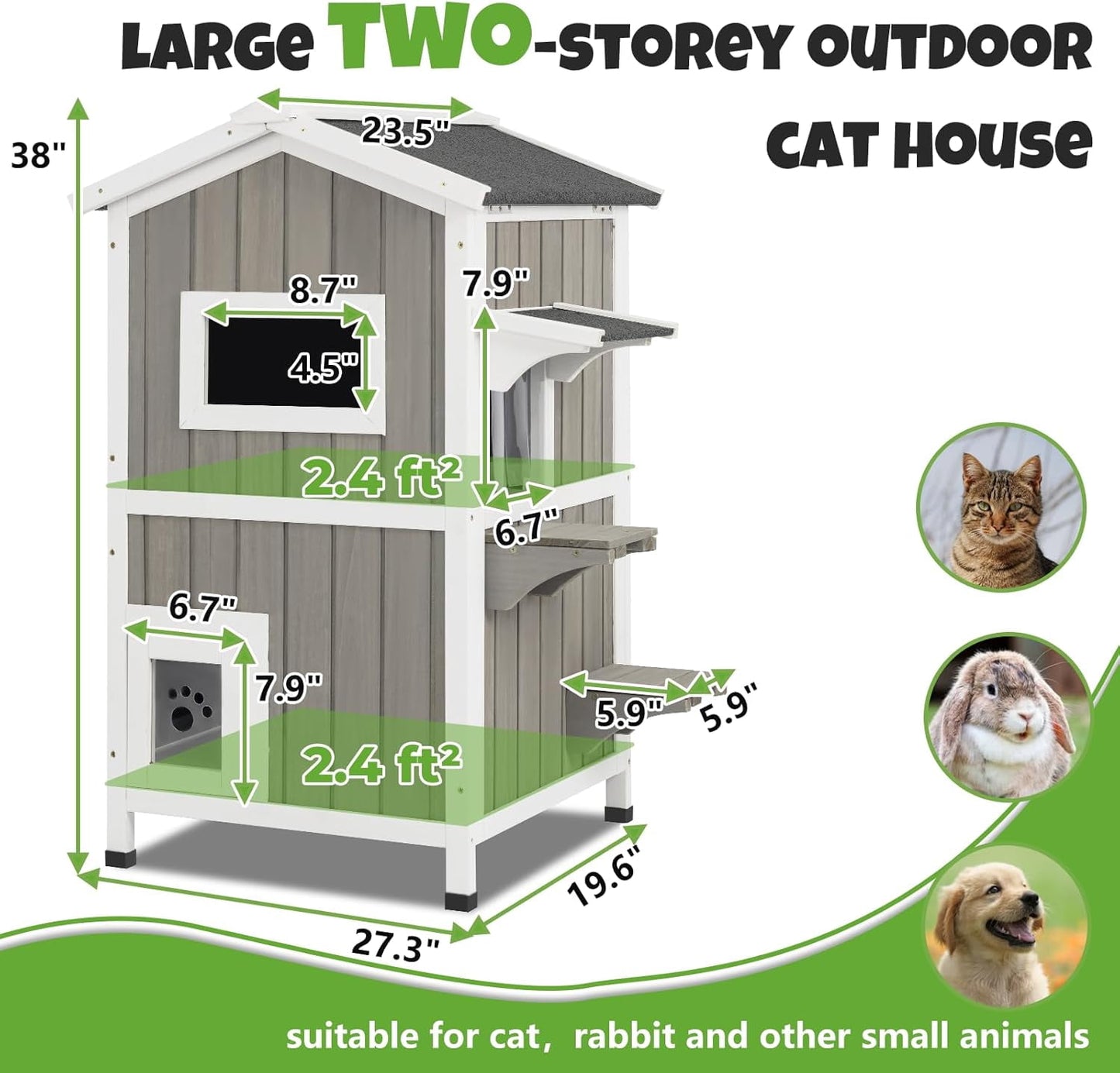Petsblublu 2-Story Outdoor Cat House Weatherproof Wooden Feral Cat Shelter with Escape Door