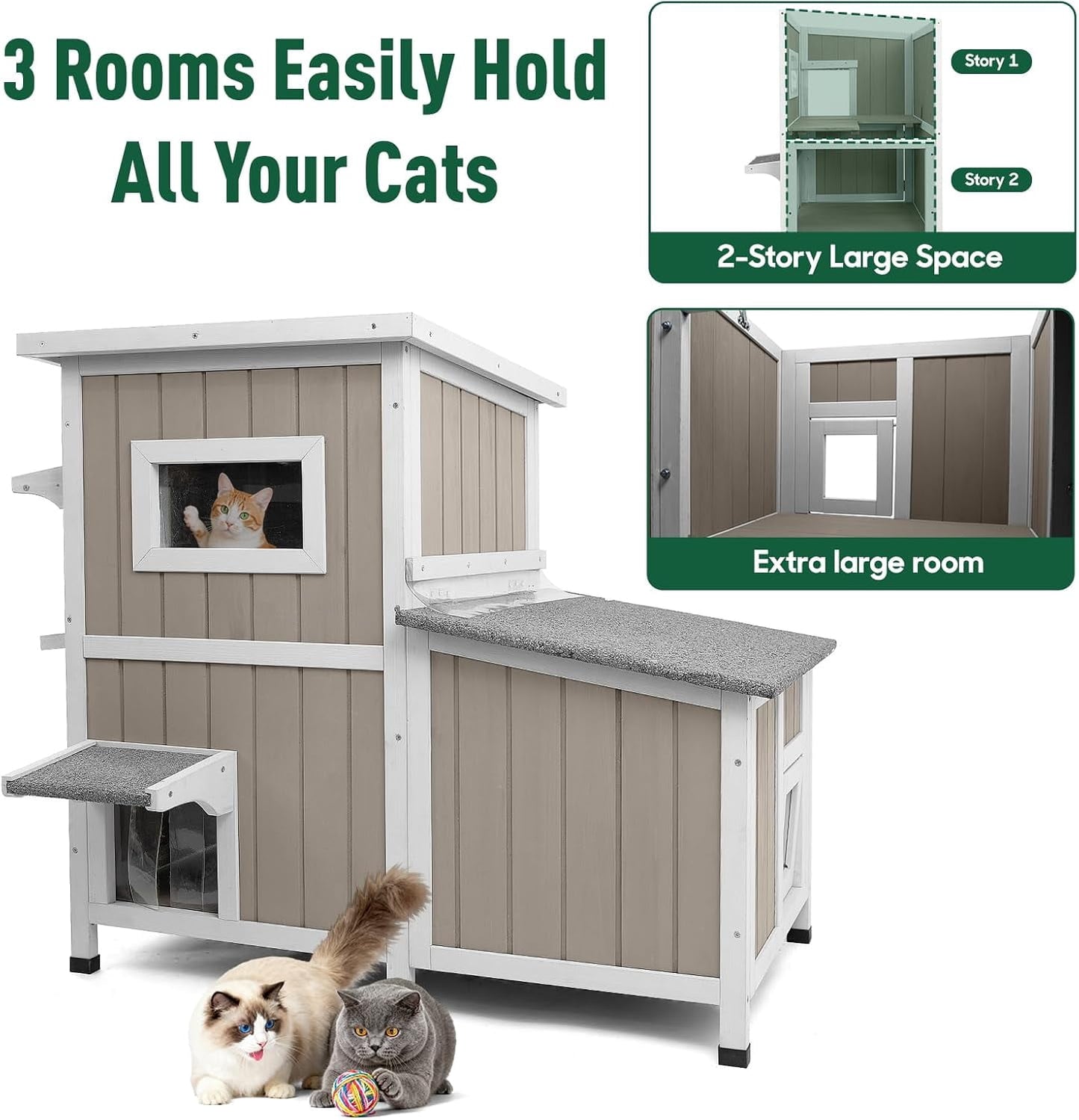 Petsblublu 2-Story Large Cat House Outdoor Feral Cat Shelter with 3 Escape Doors