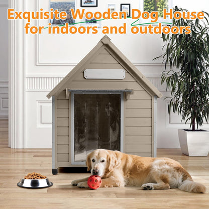 Petsblublu Large Dog House Outdoor Wooden Dog Kennel with Chew-Proof Iron Frame, 30.5 D*37.4 W*39.3 H
