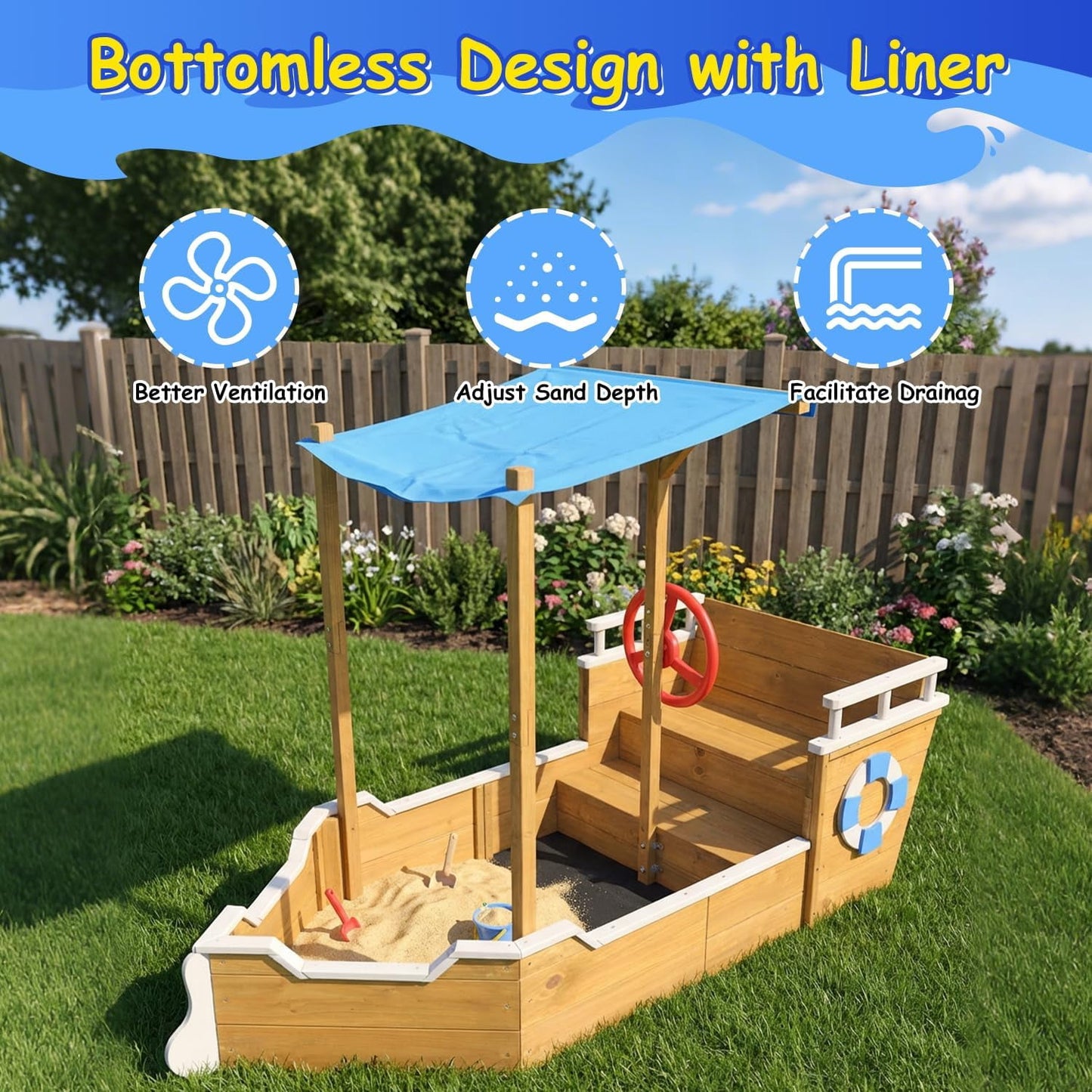 Petsblublu Kids Wooden Outdoor Sandbox with Canopy for Aged 3-8 Years Old