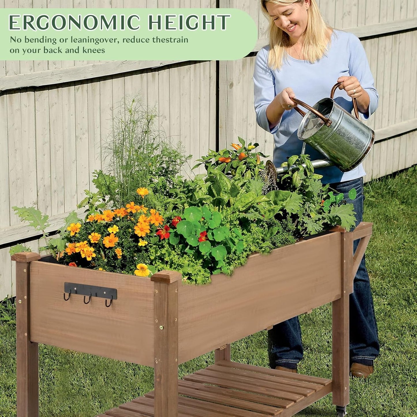 Petsblublu 55x24x32in Raised Garden Bed, Elevated Wood Planter w/ Wheels, Shelf, Liner - Brown