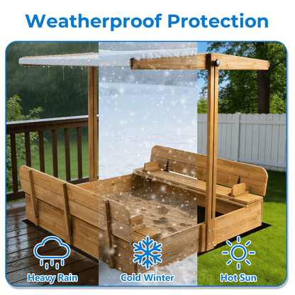 Sandbox with  UV-Resistant Canopy, Foldable Bench Seats and Liner for Kids, Solid Wood, 47x47in